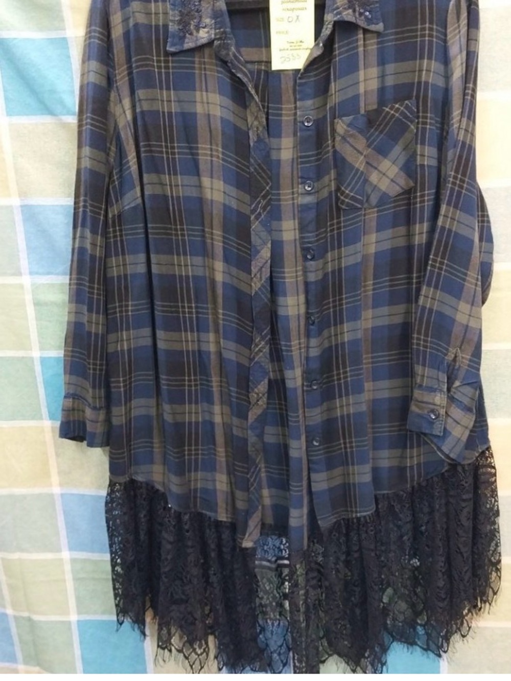 One of a Kind Original Blue Plaid Button Down Shirt Up cycled 14W EUC